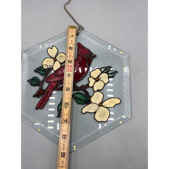 Cardinal Stained Glass Hexagon Sun Catcher With Chain Hanging Display - Picture 5 of 5